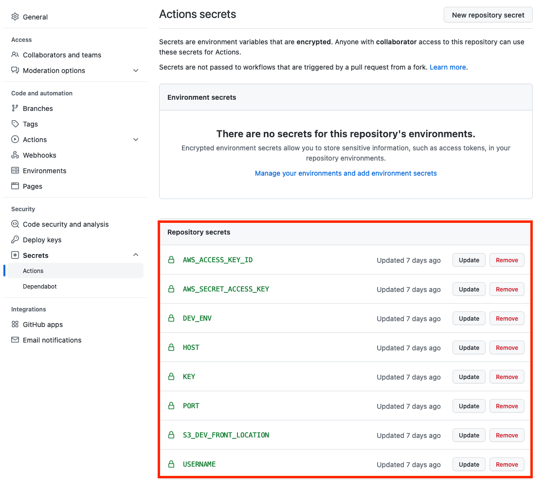 Github Actions을 위한 secret 값 정의